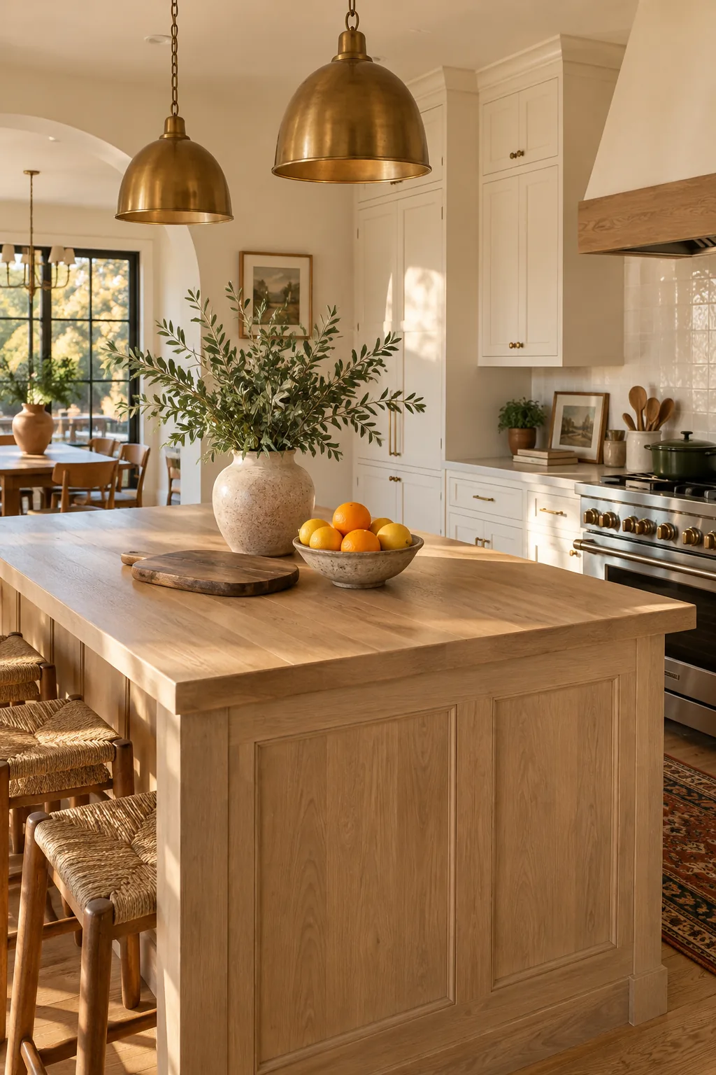 A clean kitchen island styled with a ceramic vase, cutting board, and bowl of lemons