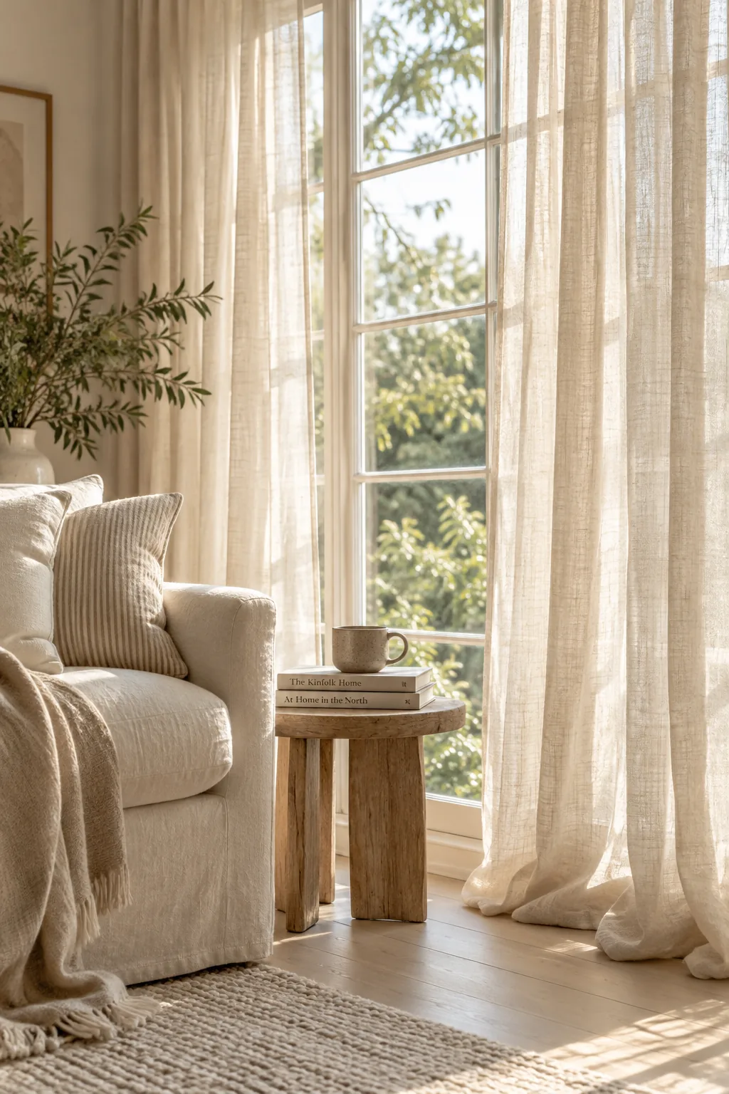 Sunlight streaming through sheer linen curtains in a modern living room