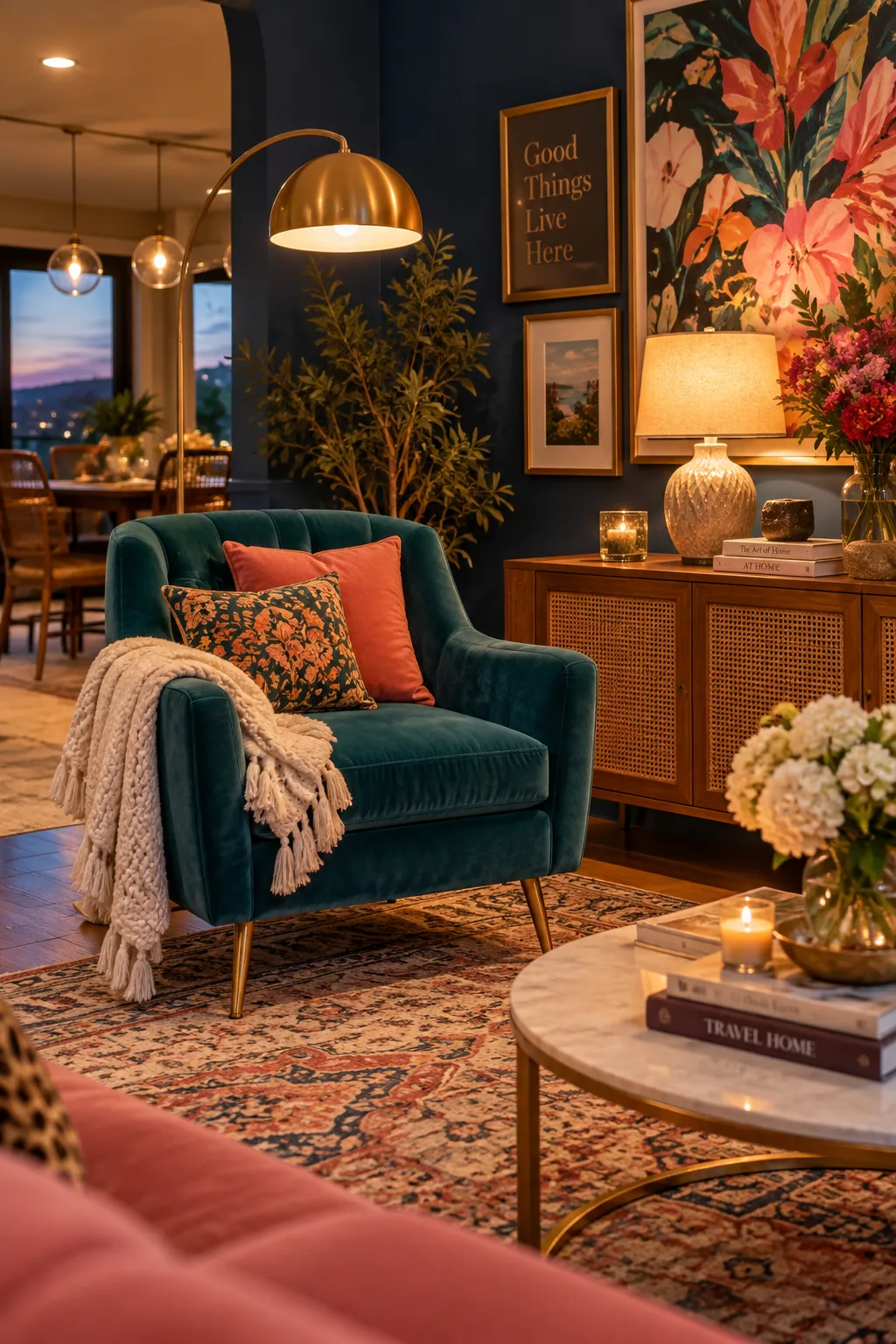A cozy living room corner illuminated by a warm table lamp