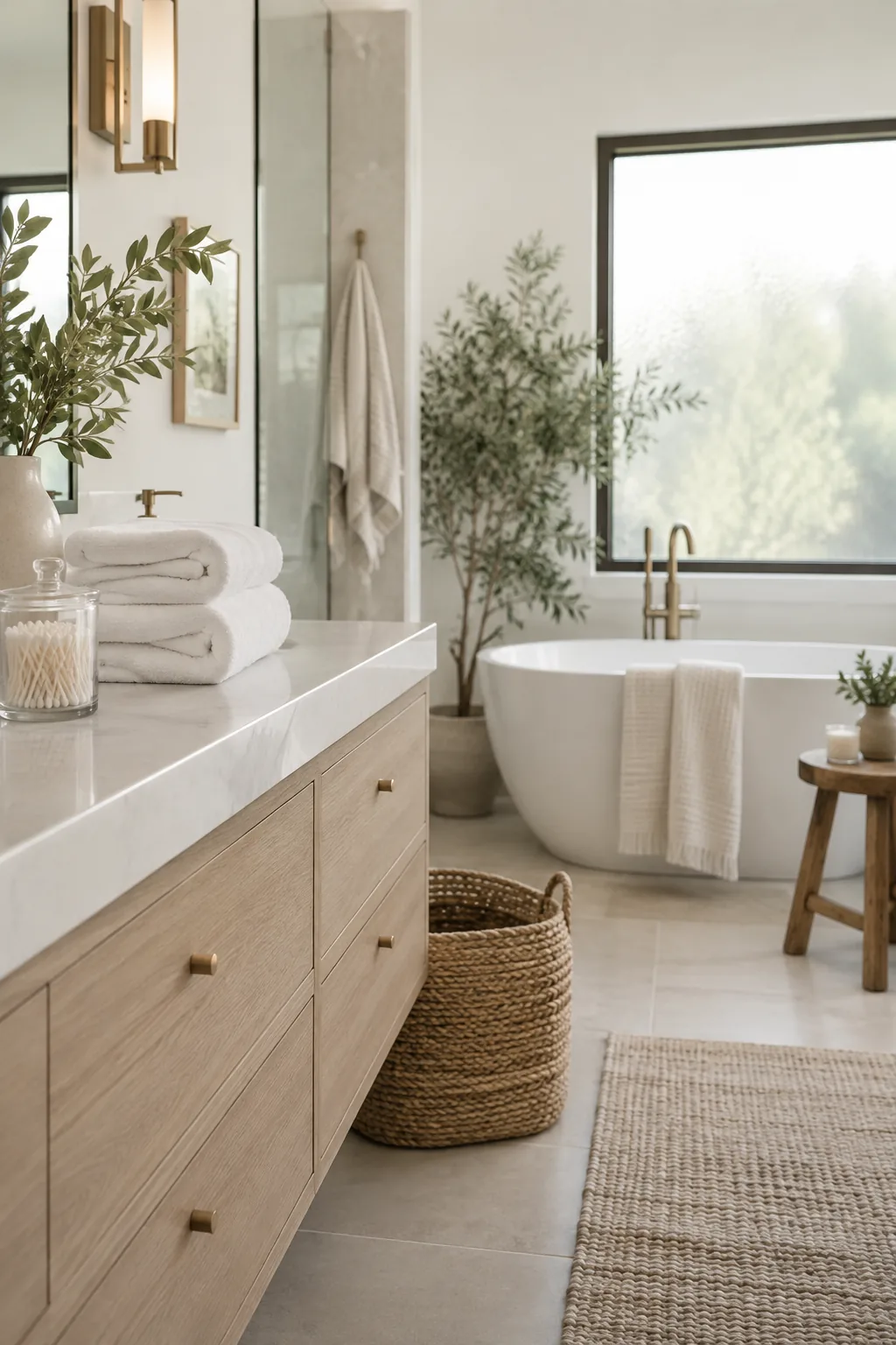 A clean bathroom vanity with a stack of folded white towels and a glass jar