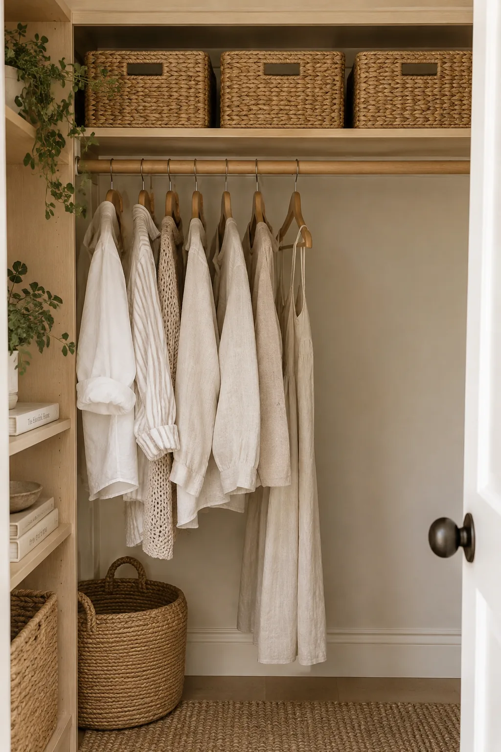 An organized closet with a gap on the hanging rod and matching woven bins on the shelf