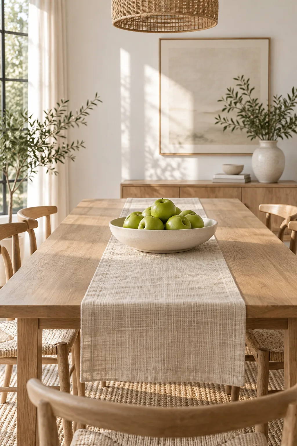 A wooden dining table with a linen runner and a low bowl of green apples