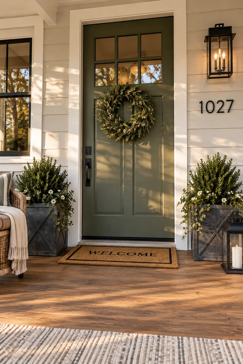 A clean front porch with a new coir mat and twin evergreen planters