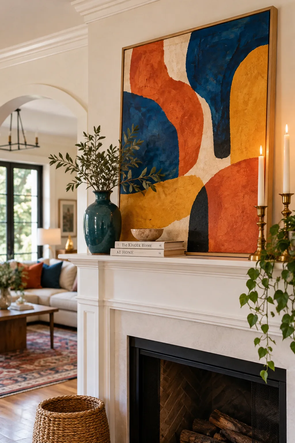 A modern fireplace mantle with a large abstract canvas leaning against the wall