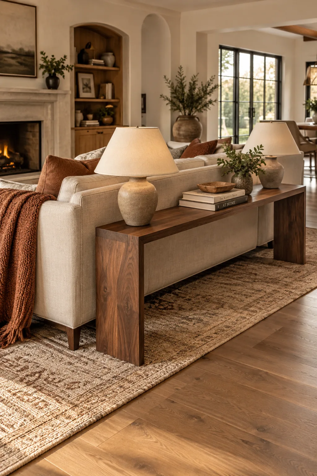 A living room with the sofa pulled away from the wall over a large rug