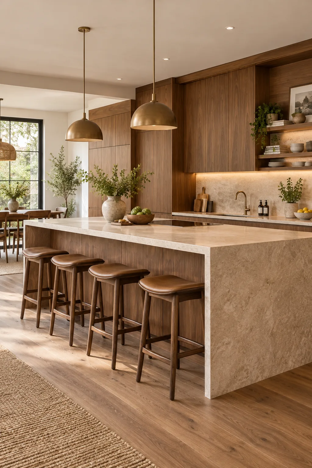 Warm minimalist open kitchen with flat-panel walnut cabinets and limestone countertops.