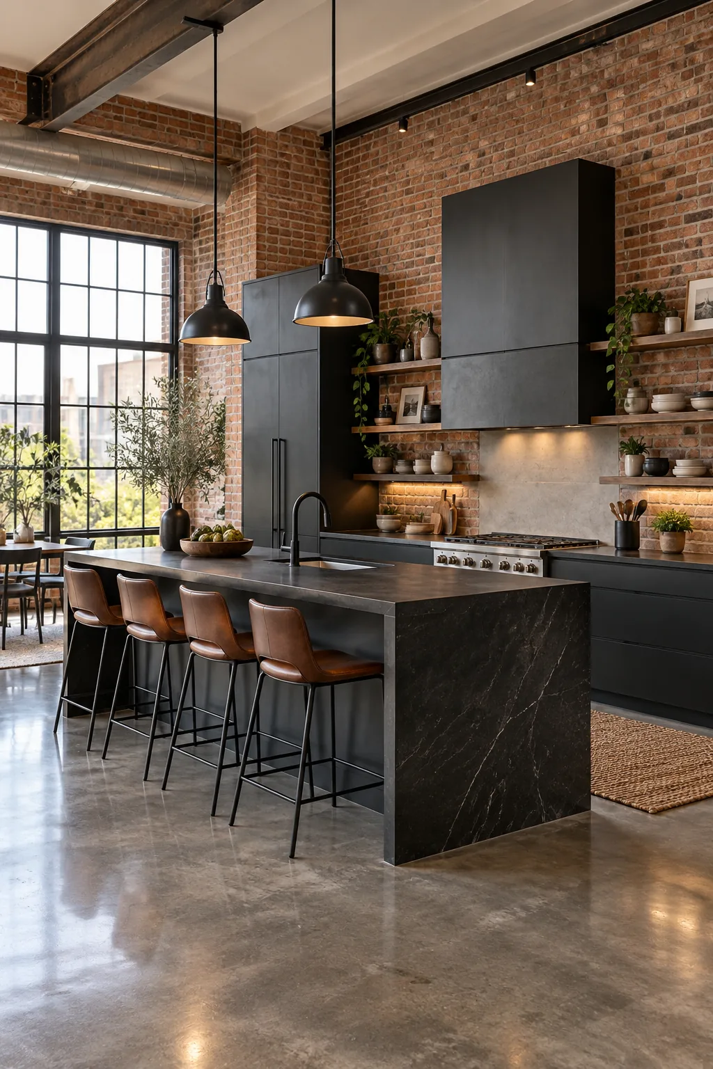 Industrial loft open kitchen with matte black cabinets and polished concrete floors.