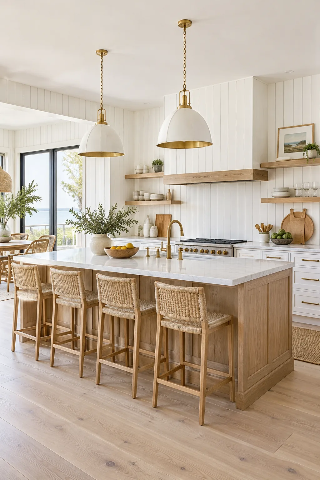 Coastal open kitchen with white shiplap walls, brass hardware, and weathered oak.