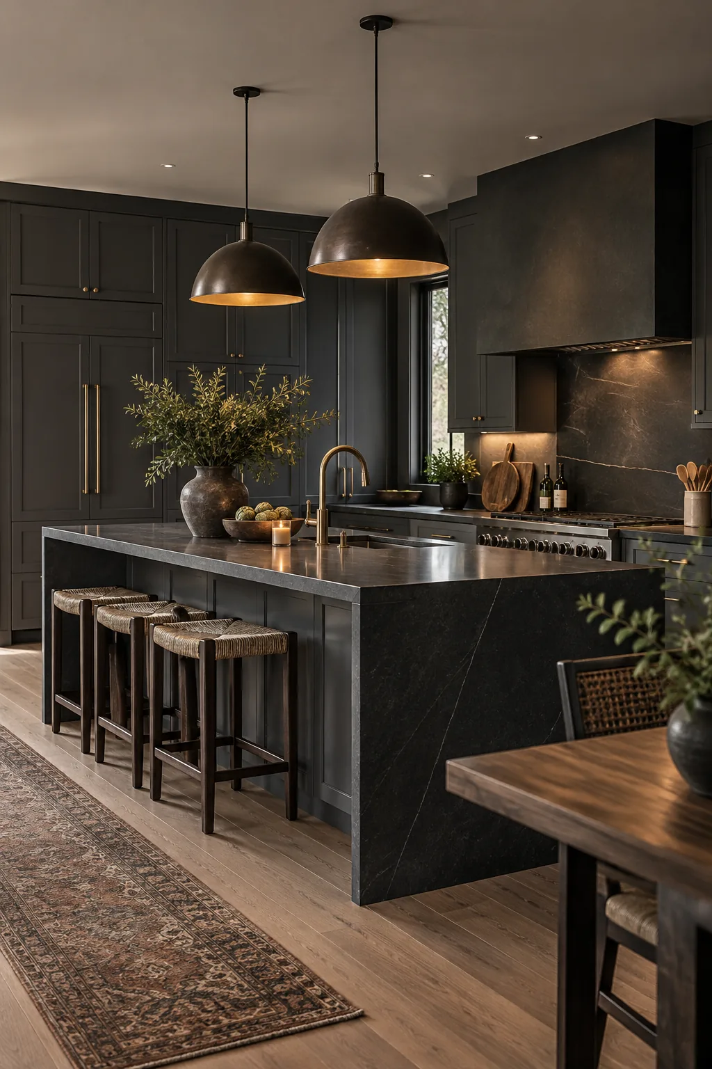 Moody open kitchen with dark charcoal cabinets and dark soapstone countertops.