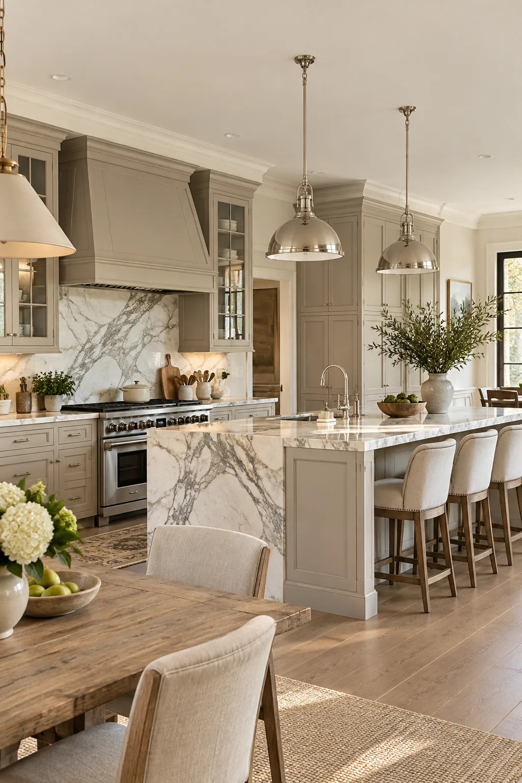 Classic transitional open kitchen with greige shaker cabinets and Calacatta marble.