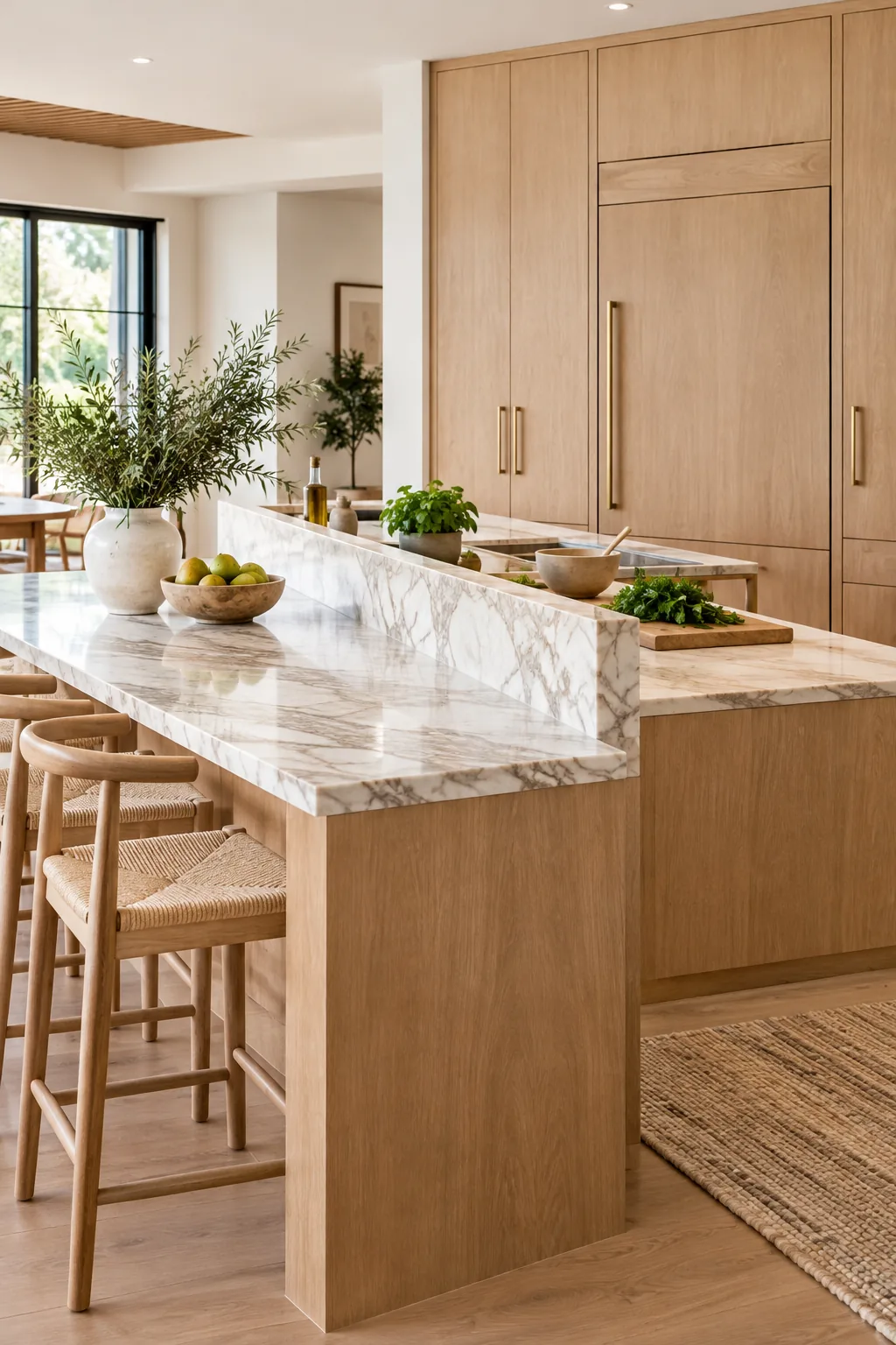 Seamless white oak kitchen cabinetry with a fully integrated panel-ready refrigerator and brass handles.