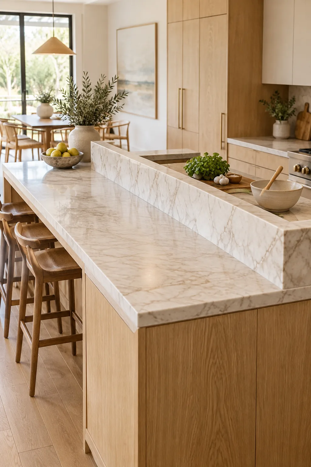 Elevated view of a marble kitchen island with a raised lip hiding cooking prep materials.