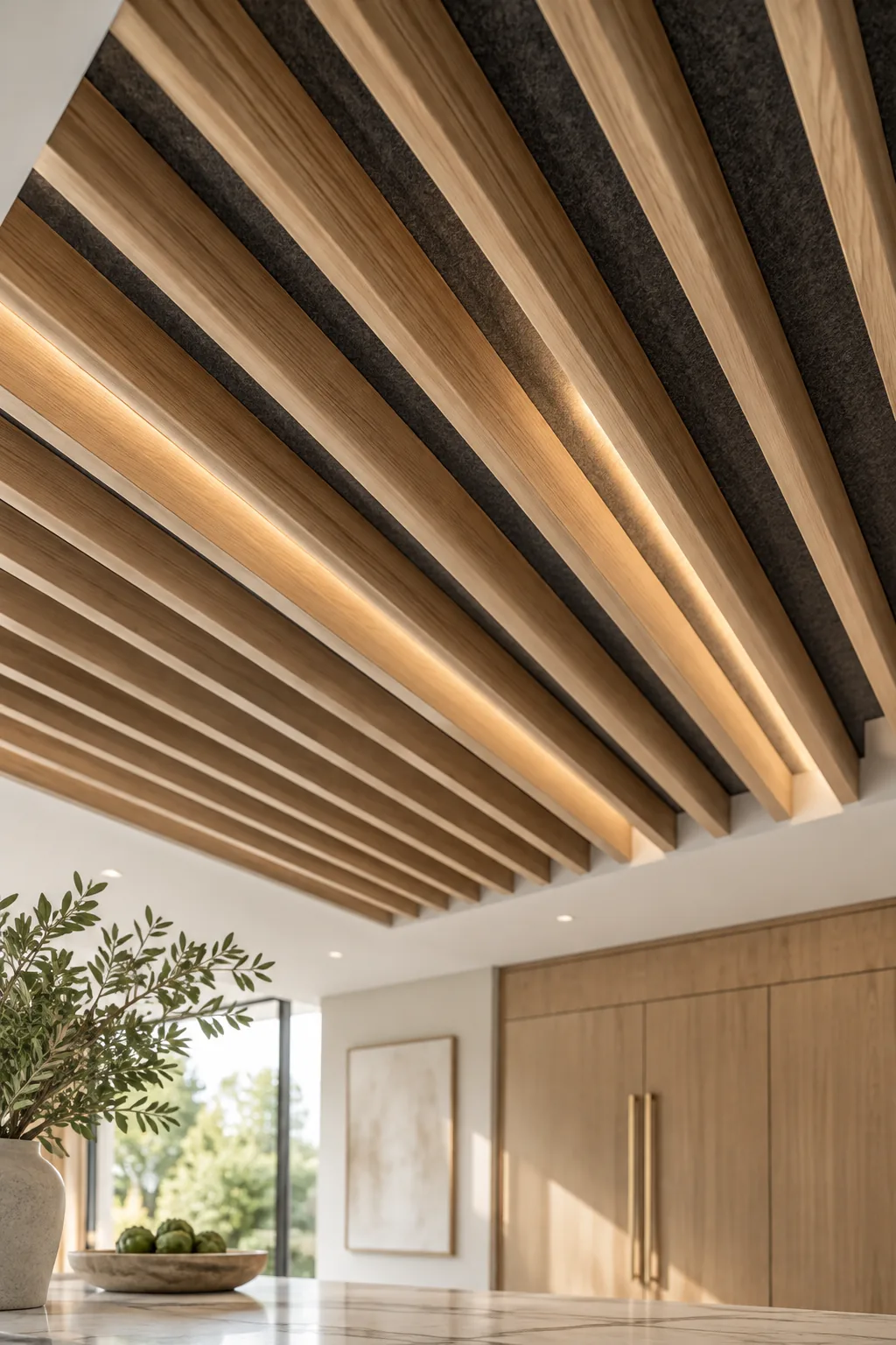 Close-up of slatted wood acoustic ceiling baffles over dark felt.