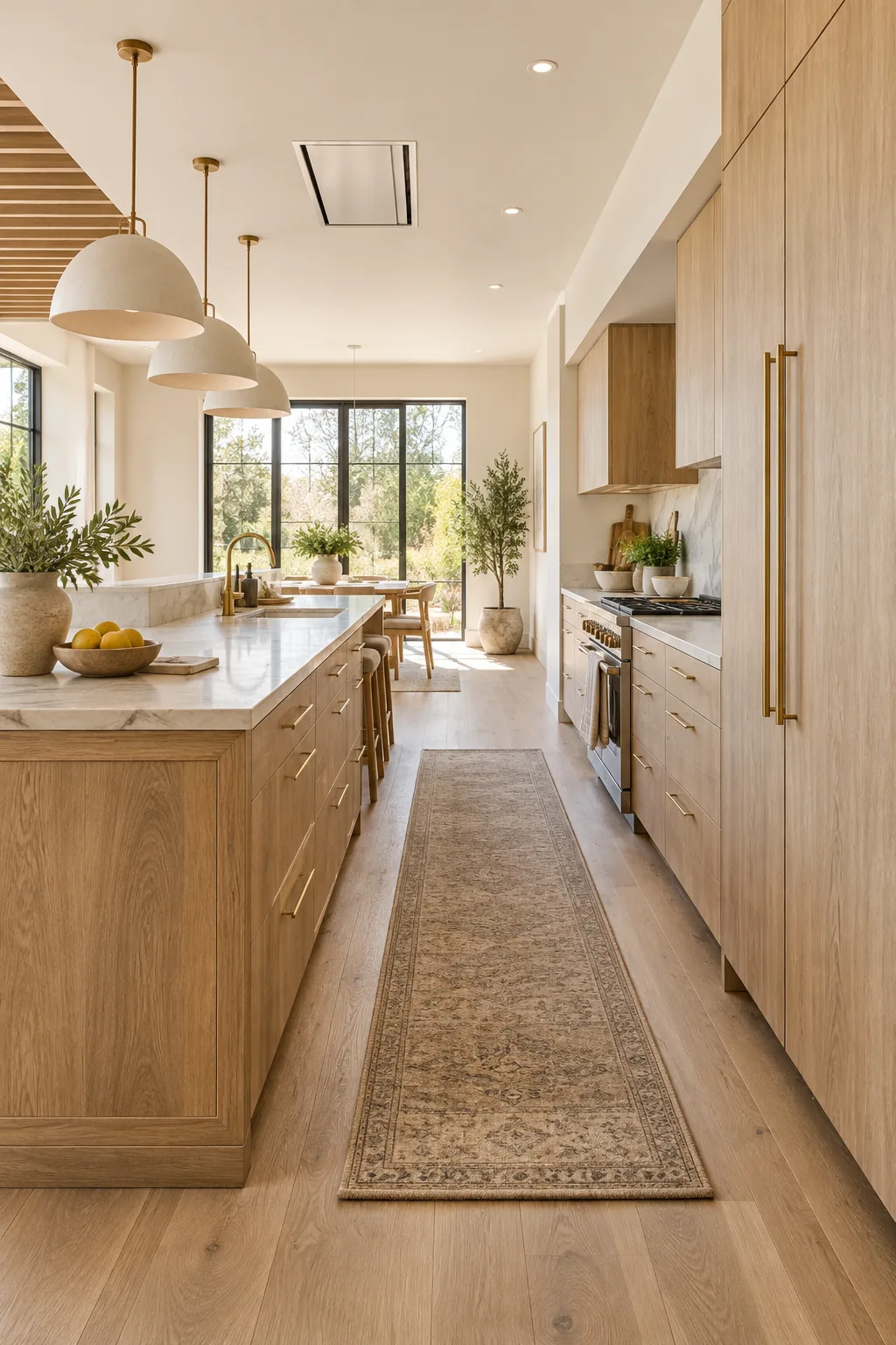 Wide view of a spacious kitchen walkway between an oak island and back wall cabinets.