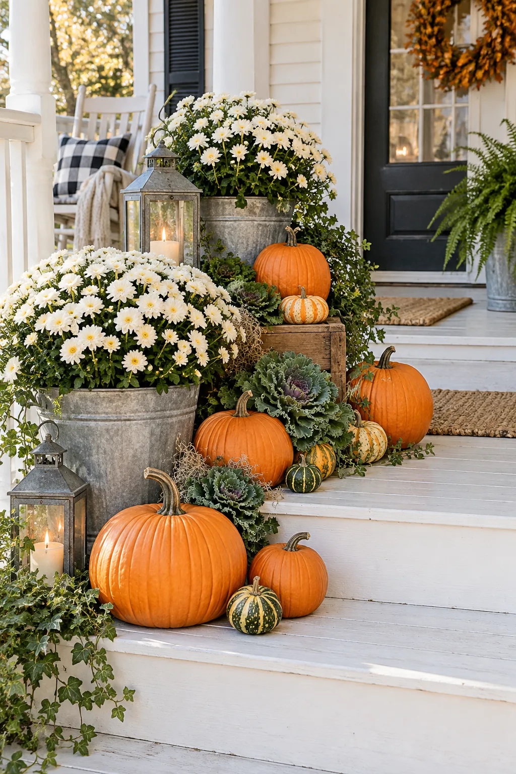 Orange pumpkins and white mums in galvanized buckets on a white wooden porch.