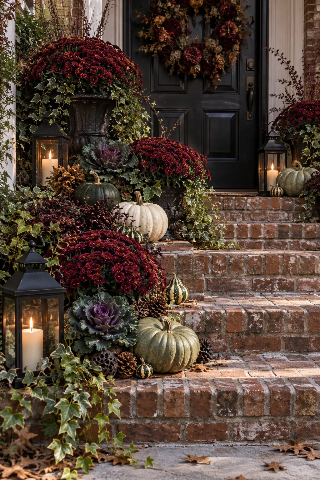 Burgundy mums, dark gourds, and black lanterns arranged on weathered brick steps.
