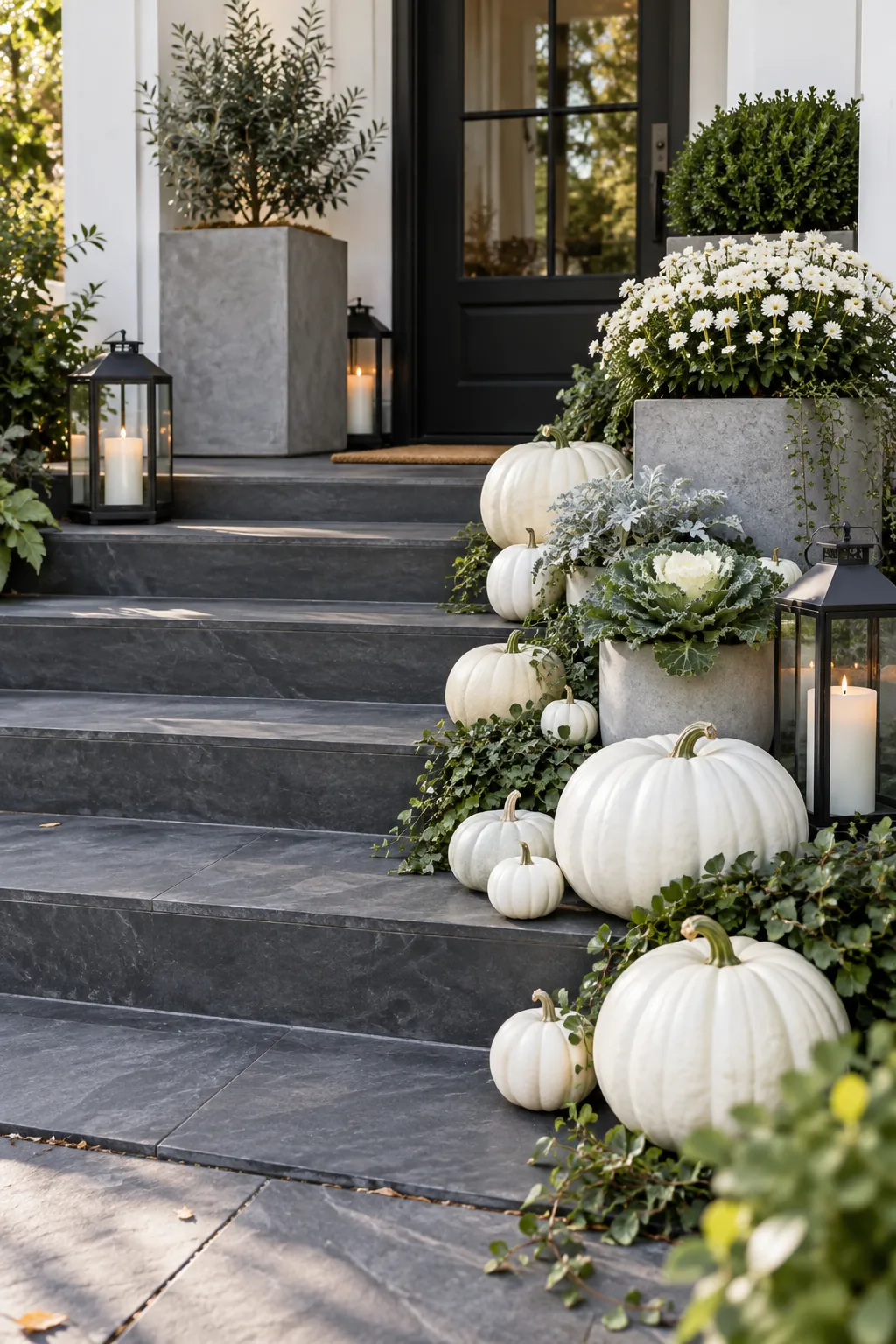 All-white pumpkins and modern concrete planters arranged on dark slate steps.