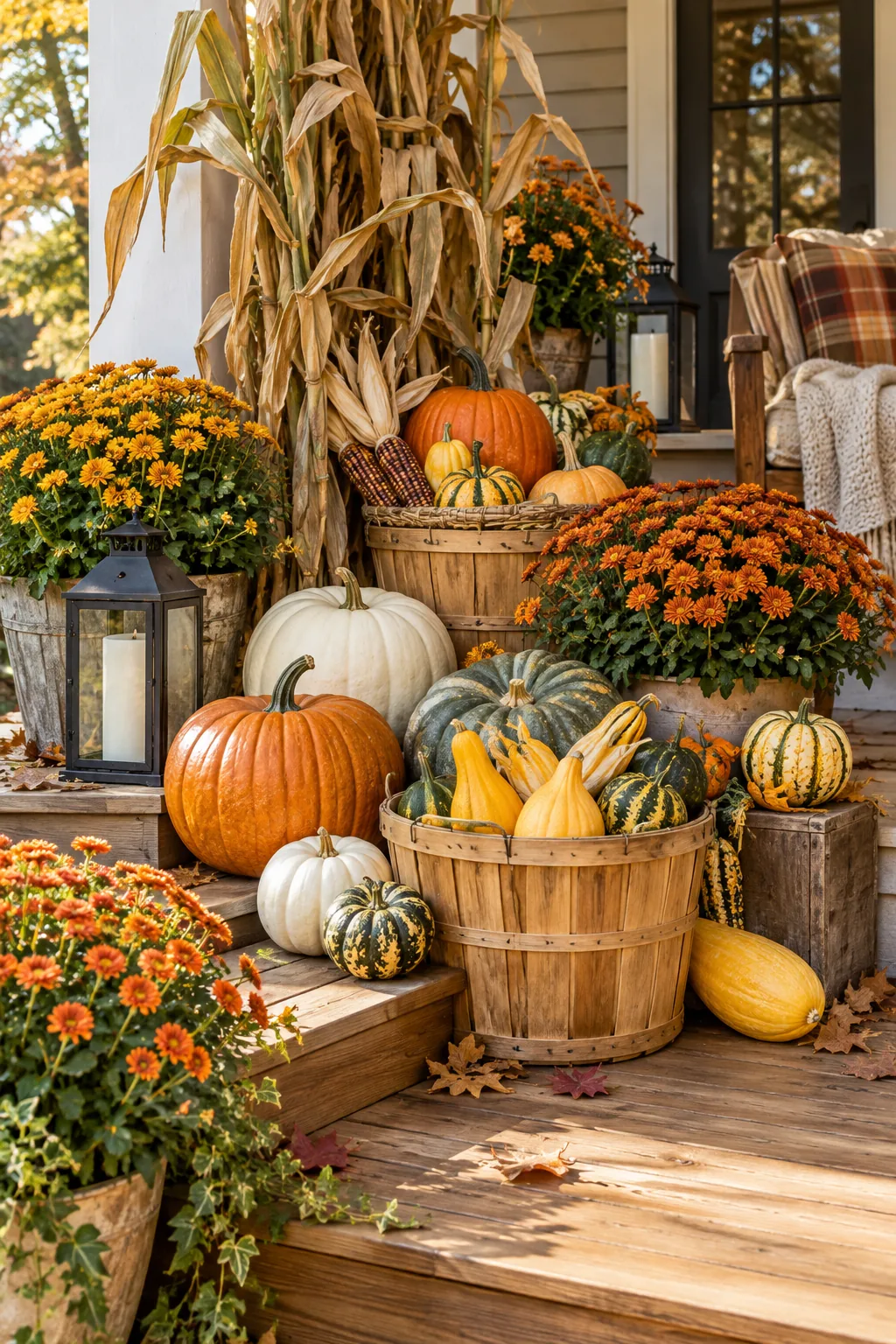 Dried corn stalks, yellow squash, and bushel baskets decorating a natural cedar wood deck.