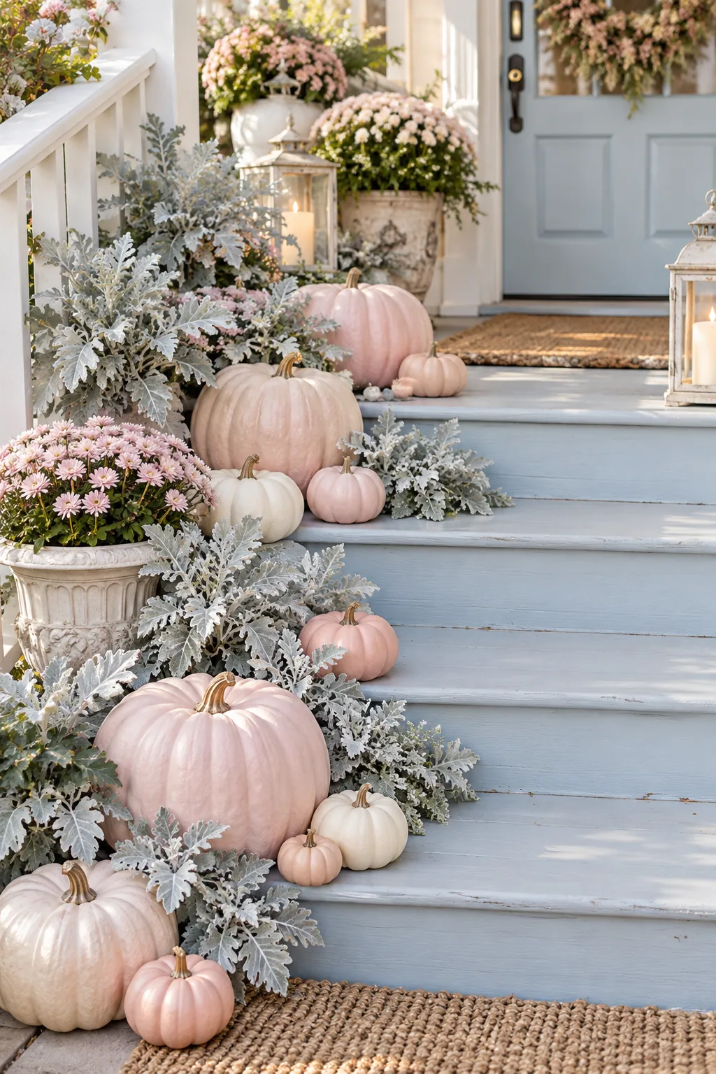 Blush pink pumpkins and silver dusty miller plants arranged on light blue painted steps.