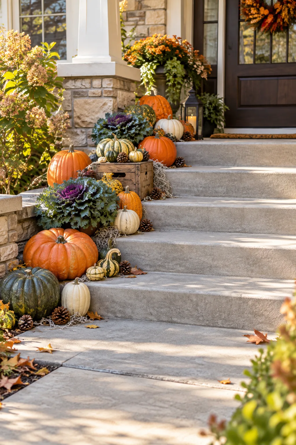 Wide view of concrete front steps showing a clear walking path next to a cascading arrangement of pumpkins and kale.