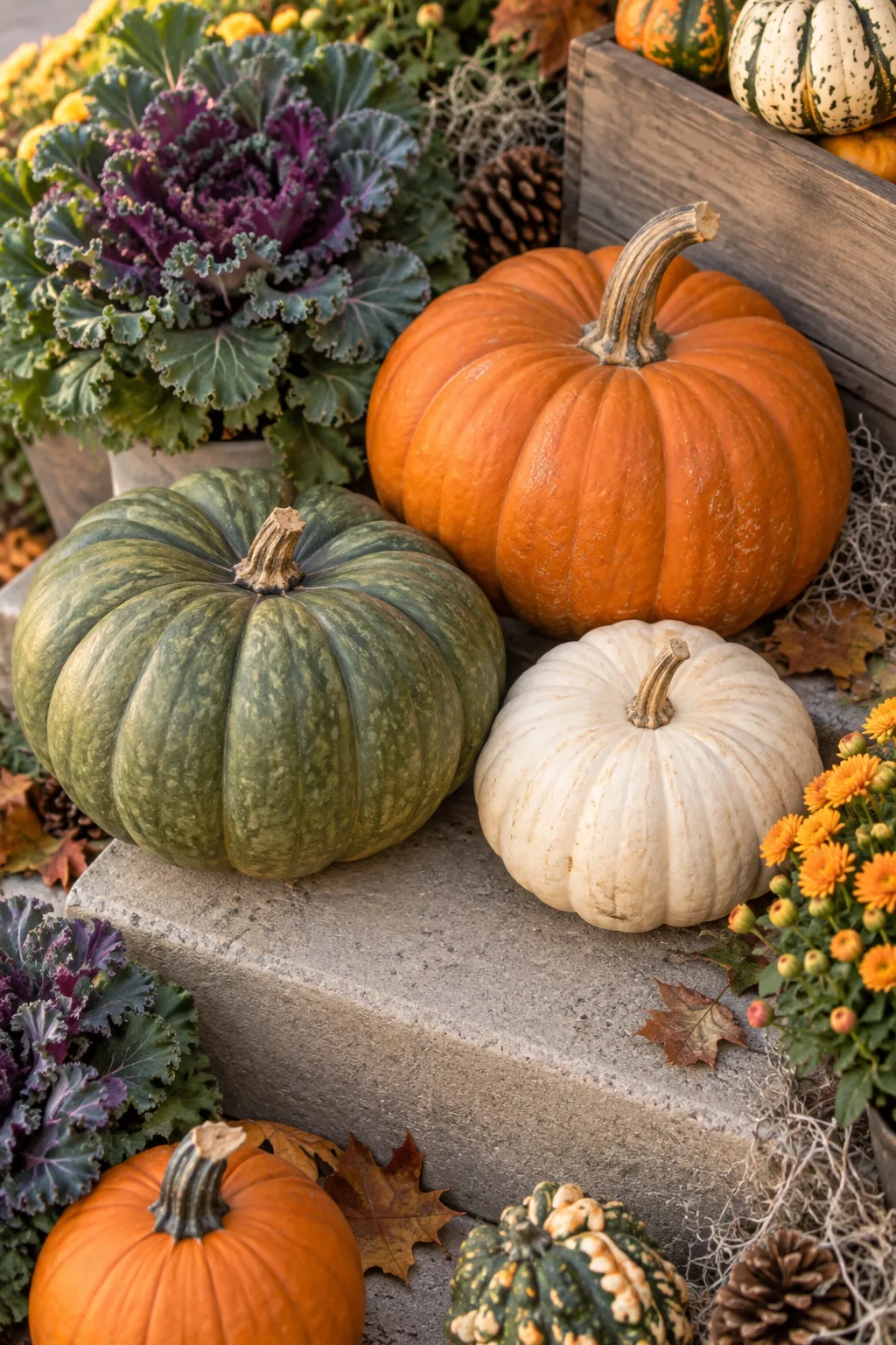 Close-up of a silver bottle cap wedged under a flat-bottomed pumpkin on a concrete step to create an airflow gap.