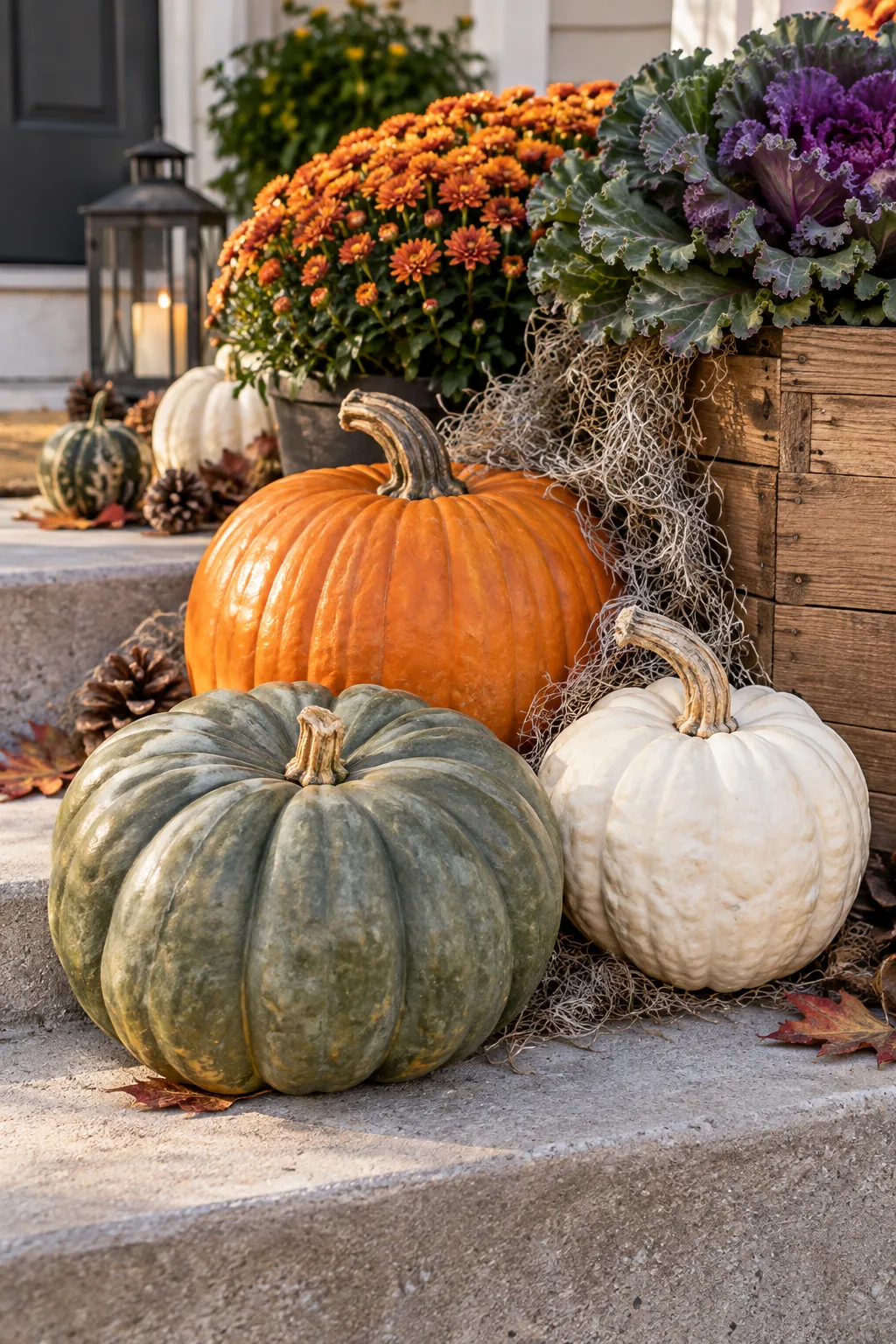 A trio of green, white, and orange heirloom pumpkins clustered together on a concrete porch step.