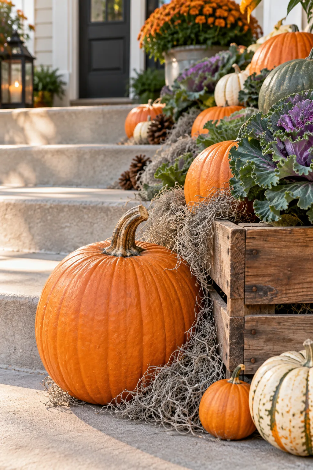 Close-up of dried grey Spanish moss tucked into the gaps between an orange pumpkin and a wooden crate.
