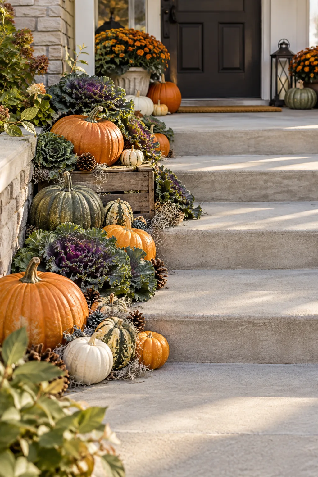 Looking down a set of clean concrete stairs decorated with a tidy arrangement of fall pumpkins and kale.