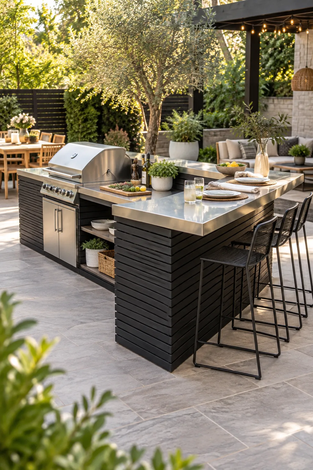 A modern outdoor grill station featuring black slatted wood siding and a stainless steel countertop.
