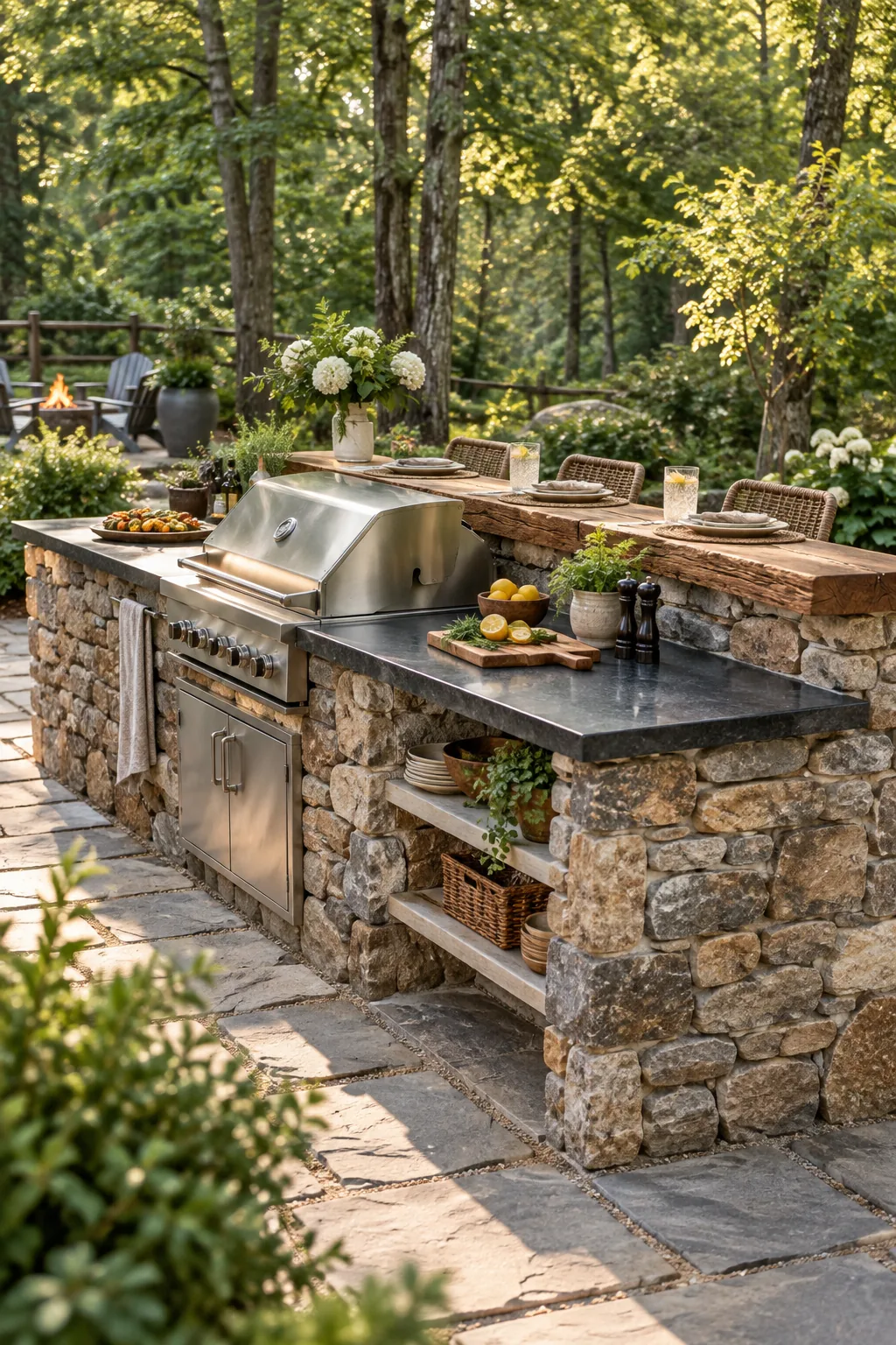 A rustic outdoor grill station built from stacked stone with a reclaimed timber bar ledge.