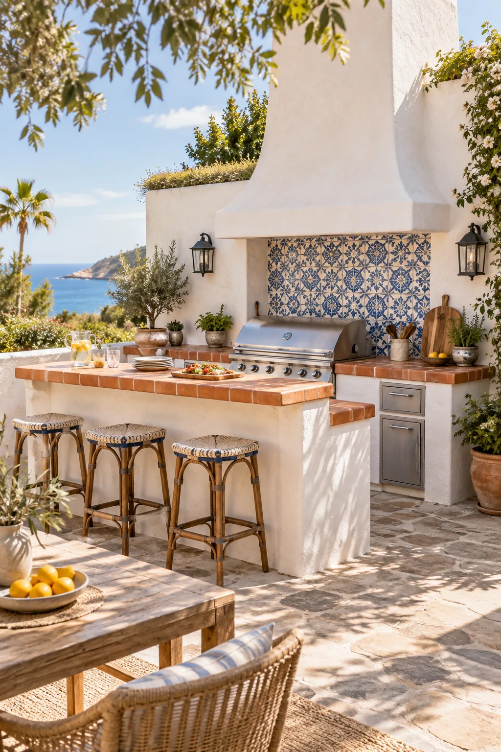A Mediterranean outdoor grill station with white stucco walls and a blue patterned tile backsplash.