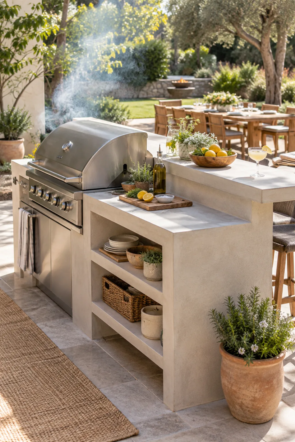 An outdoor grill station positioned in a sunny yard, with a dining table set in the background away from the grill smoke.