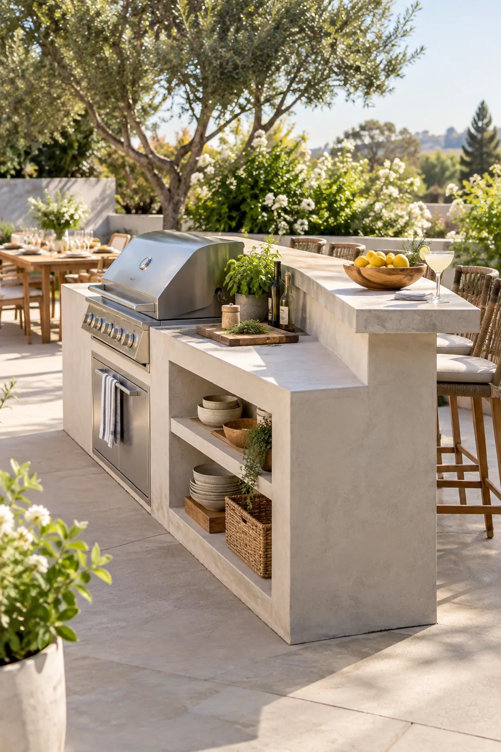 A dual-height concrete outdoor counter with a lower prep area and a raised bar ledge holding a cocktail.