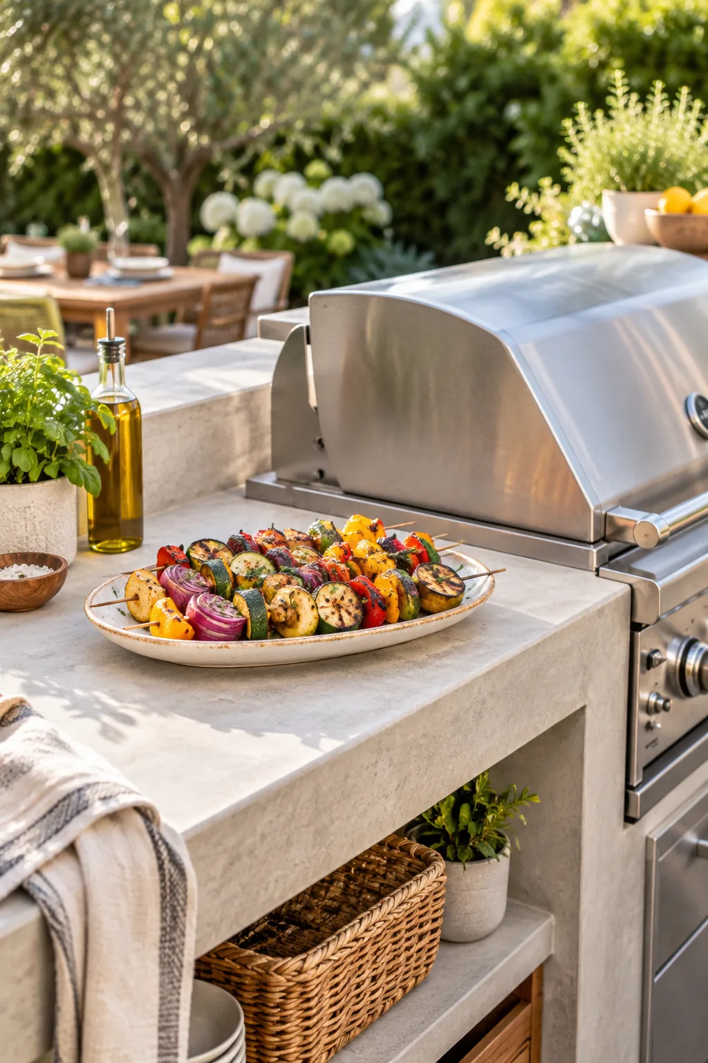 A ceramic platter of grilled skewers resting on a wide, bare stretch of concrete counter next to a grill.
