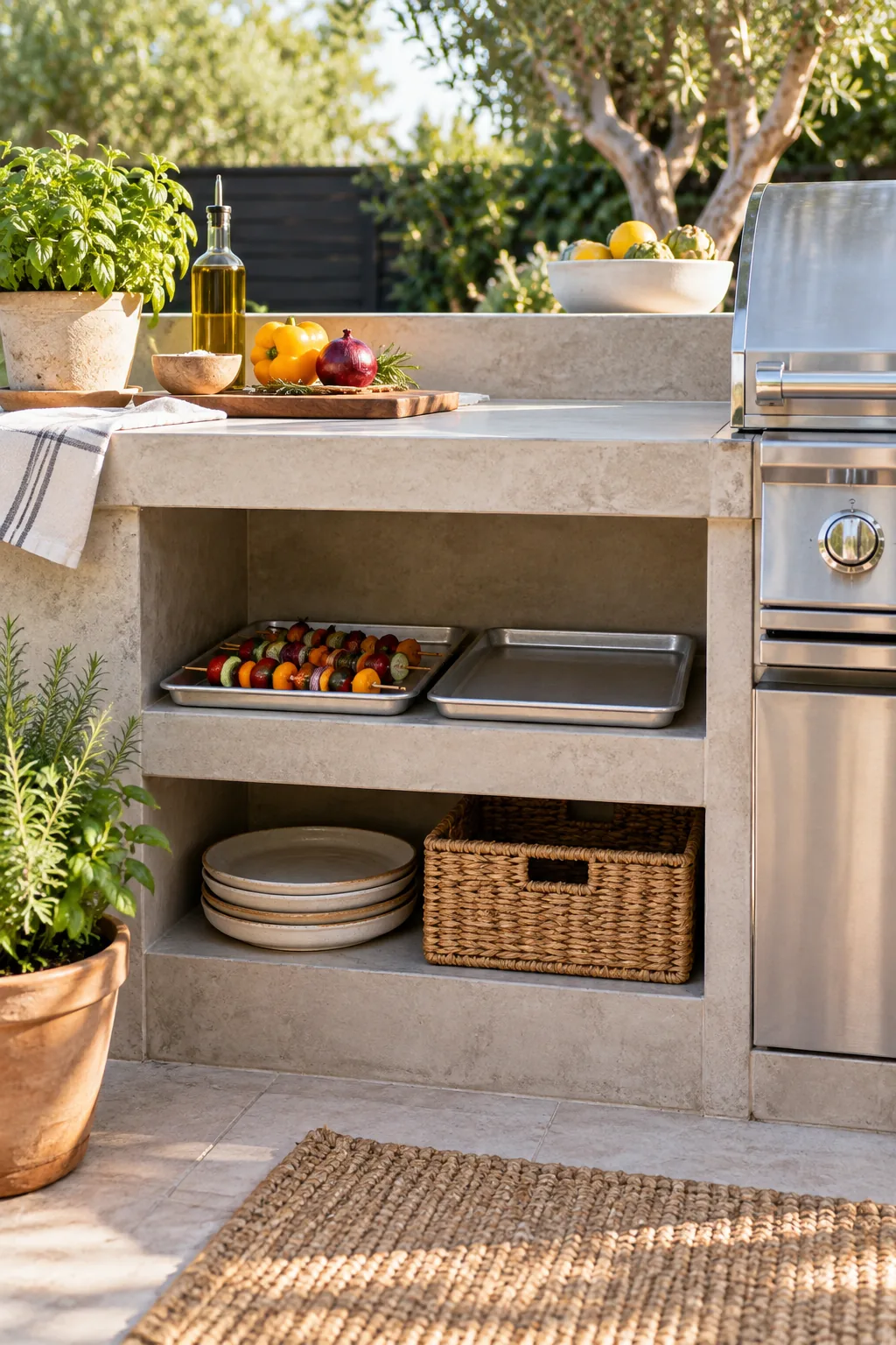 An overhead view of a concrete outdoor counter featuring a round scrap chute cutout next to a wooden cutting board.