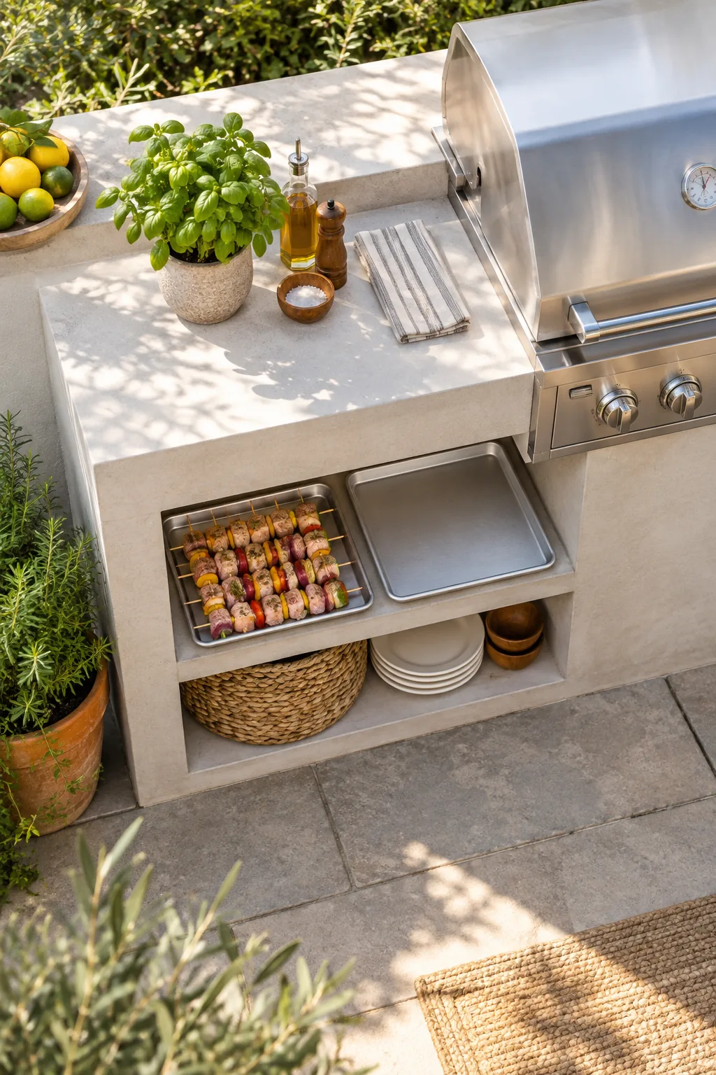 Open concrete shelving under an outdoor counter holding two metal half-sheet pans for grilling prep.