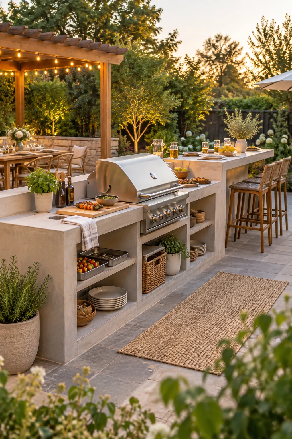A fully styled outdoor grill station showing the built-in grill, prep counter, and raised guest ledge ready for a party.