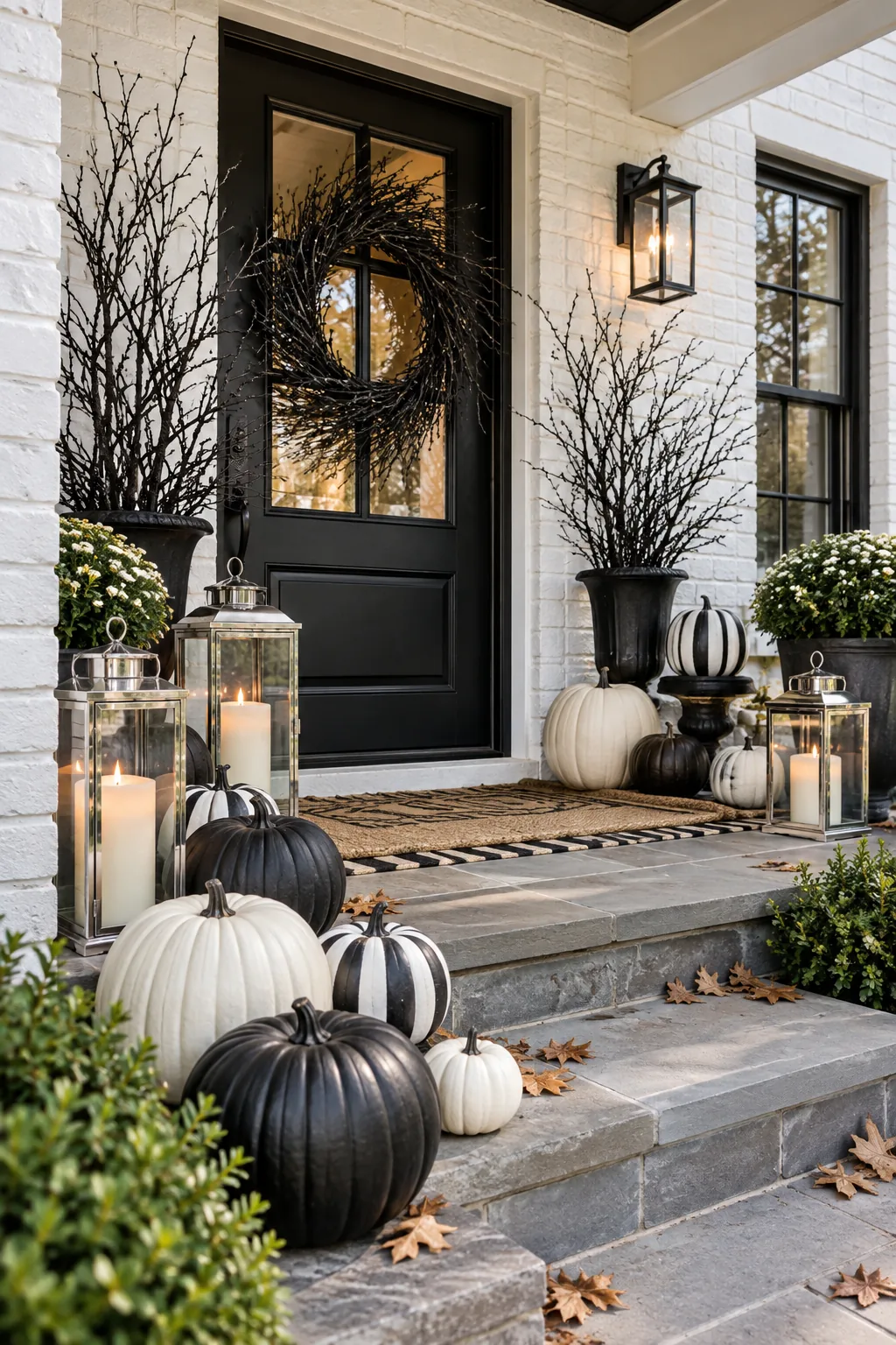 Modern black and white Halloween porch display with painted pumpkins and silver lanterns.