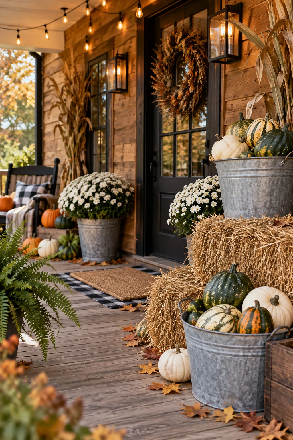 Rustic farmhouse Halloween porch with hay bales, galvanized buckets, and green gourds.