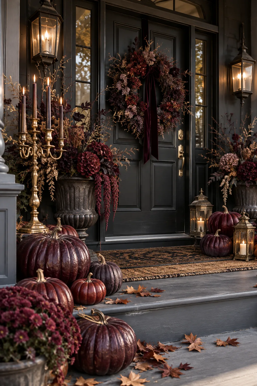 Gothic Victorian Halloween porch with deep plum pumpkins, dark florals, and brass candelabras.