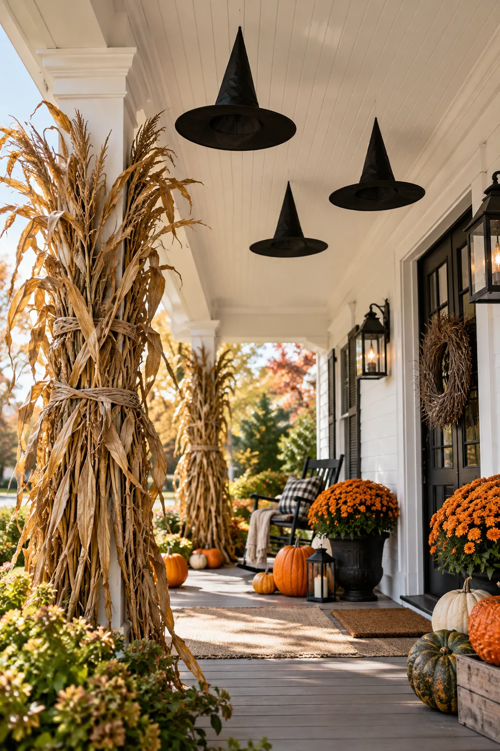 Three black witch hats hanging from a white porch ceiling by invisible string.