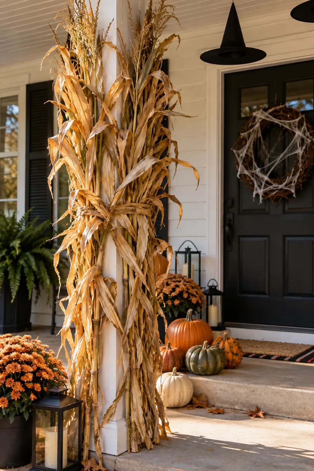 Thick bundles of dried corn stalks tied securely around a white wooden porch column.