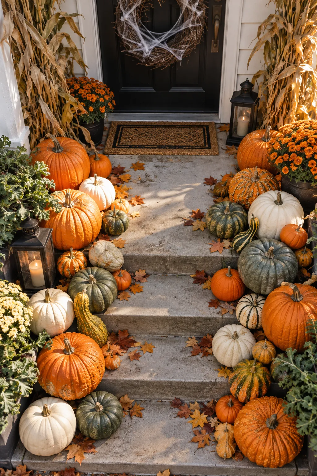Black front door adorned with a natural twig wreath covered in stretched white faux cobwebs.