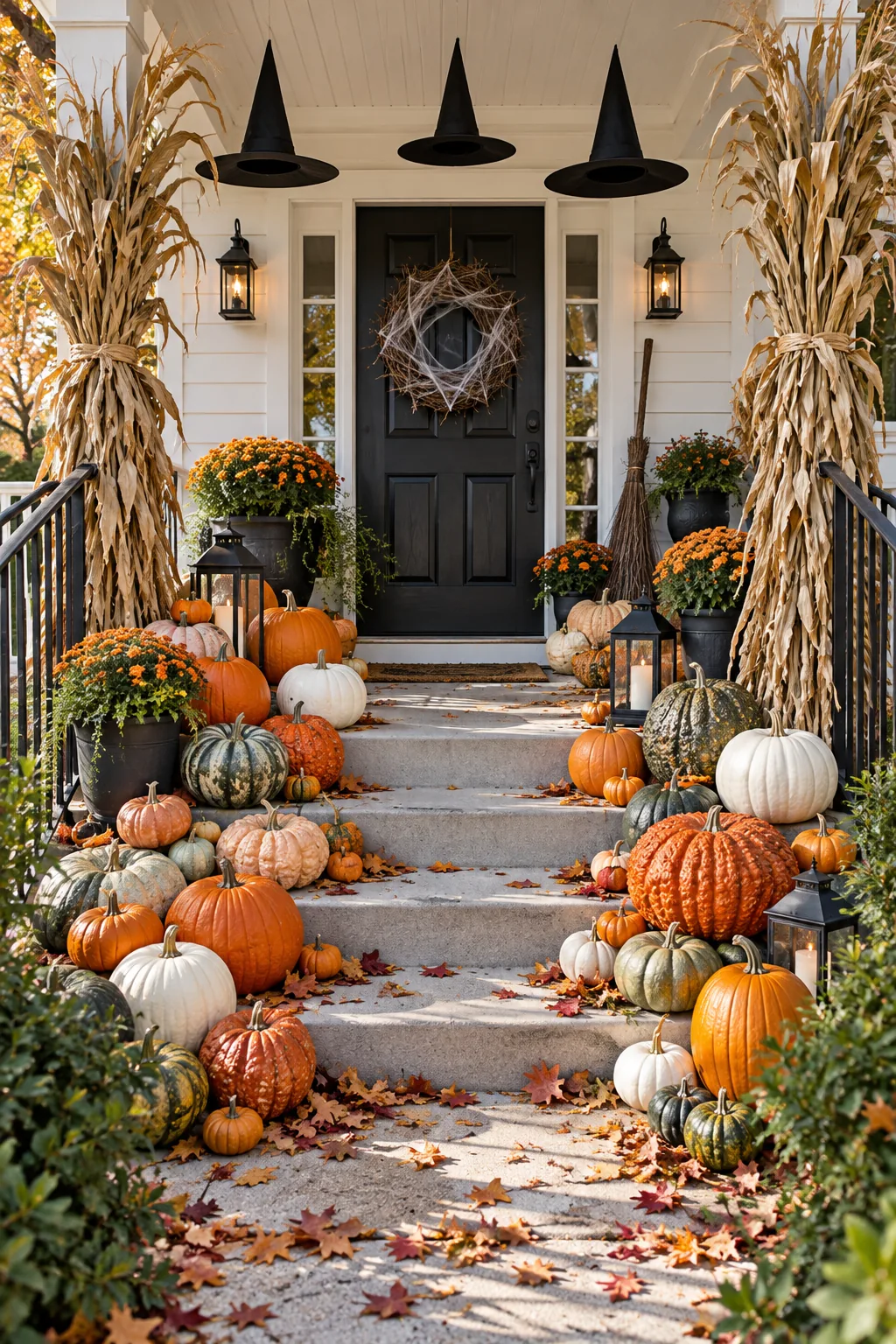 Front porch steps filled with an asymmetrical arrangement of orange, green, and white heirloom pumpkins.
