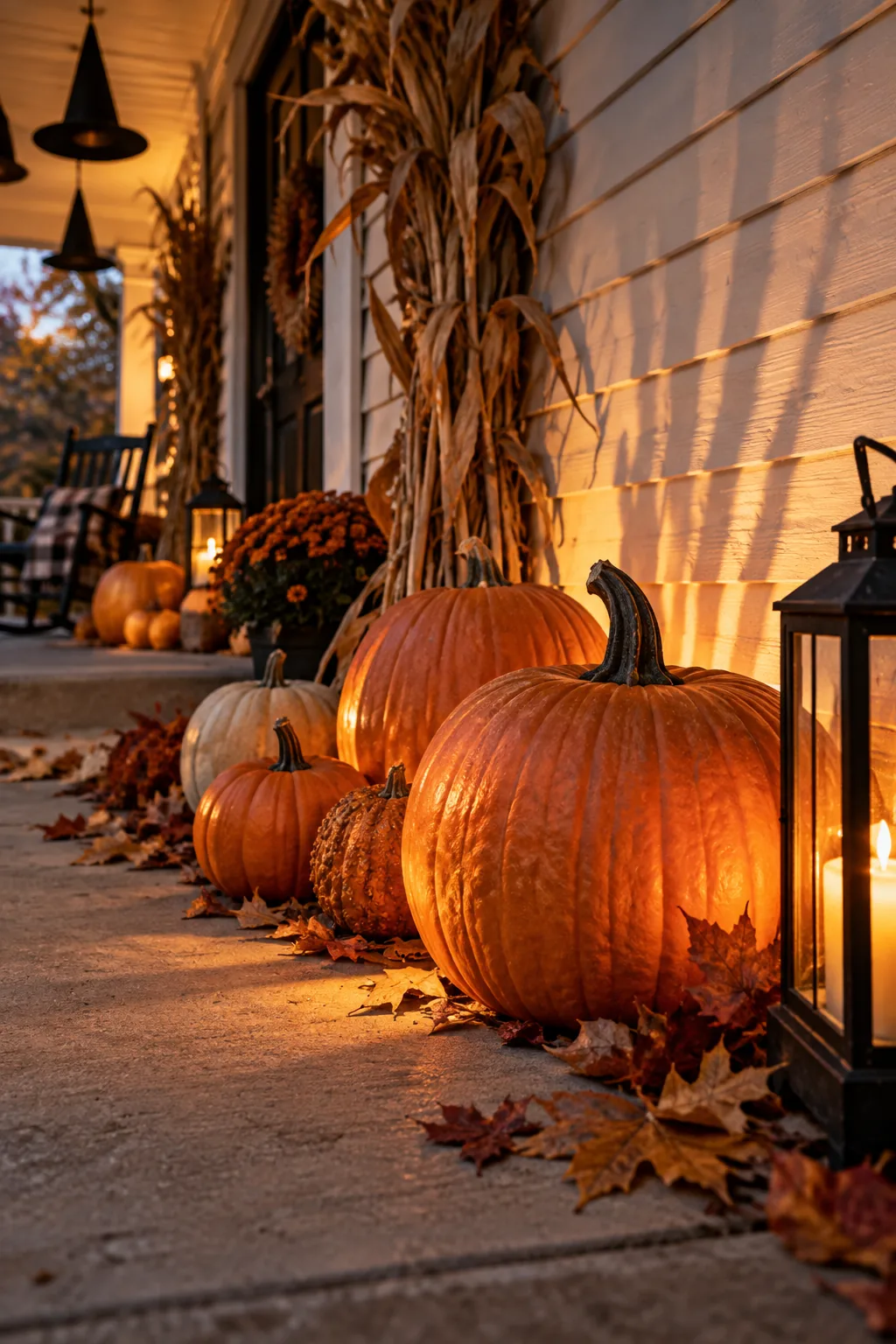 Large orange pumpkin resting on a flat red brick on a concrete porch step.