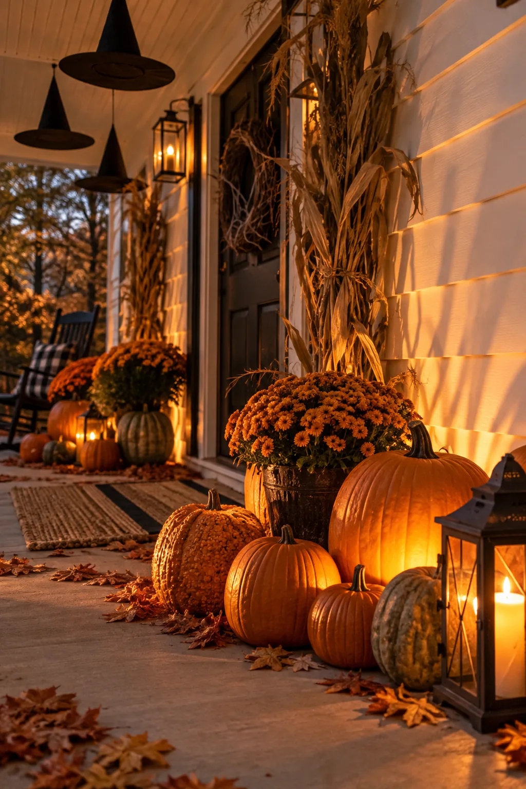 Warm light glowing from behind a cluster of pumpkins on a porch at dusk, casting shadows on the wall.
