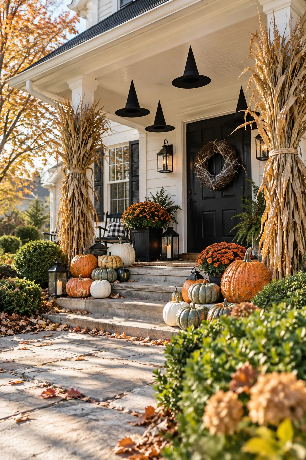Clean, fully decorated Halloween front porch in bright morning sunlight.
