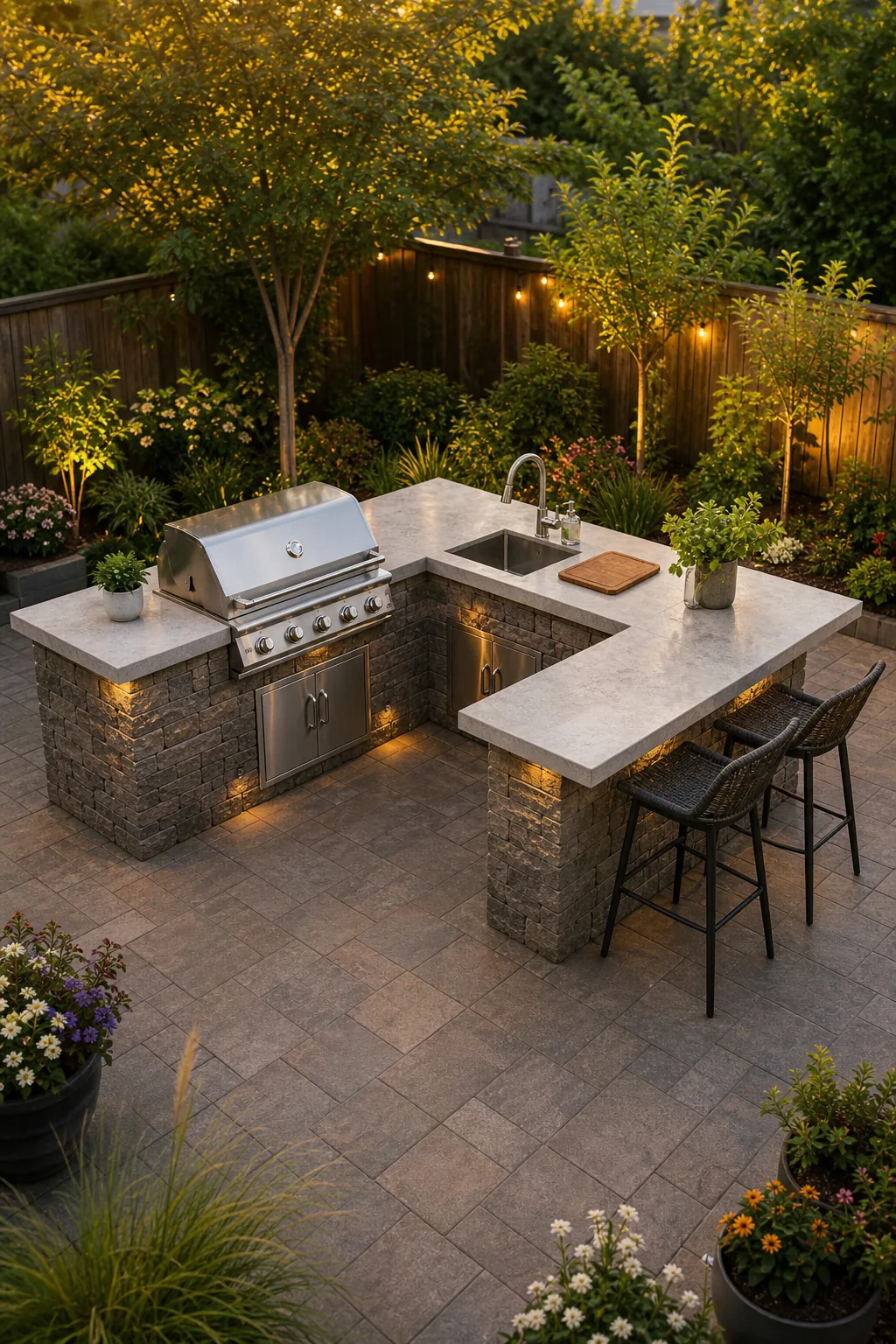 Overhead view of a U-shaped outdoor kitchen showing distinct cooking, washing, and seating areas.