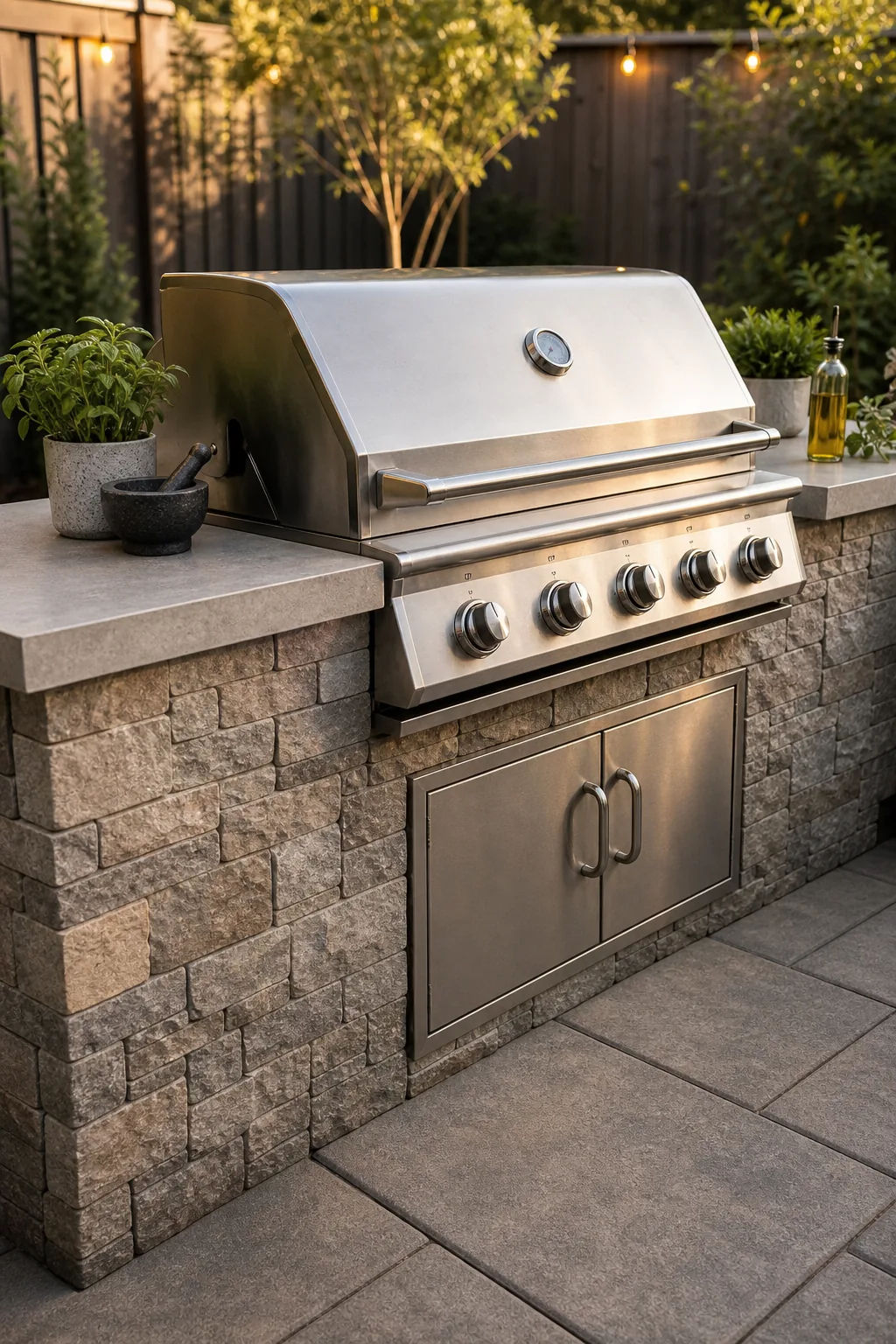 Large rectangular stone pavers meeting the textured masonry base of an outdoor kitchen.
