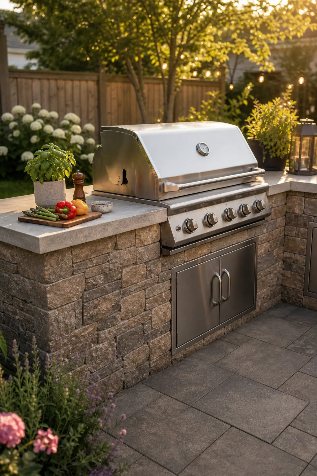 Stainless steel built-in grill set into a stacked stone veneer island.